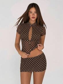 SHEIN ICON 女款波點網格印花鏤空開襟上衣與迷你緊身裙兩件套，度假穿搭 - 棕色 - 查看 4