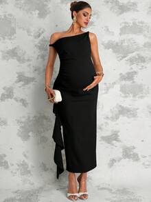 MaterniChic Maternity Solid Color Asymmetrical Shoulder Sleeveless Slit Ruffle Hem Long Dress, Summer - Black - View 4