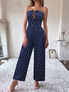 SHEIN LUNE Bộ áo liền quần nữ mùa hè kiểu dáng thường ngày in chấm bi, thắt nơ phía trước. - Nhiều màu - Xem 3