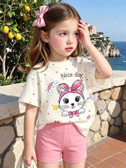 Bộ 2 món áo thun và quần short in hình thời trang thường ngày cho bé gái mùa xuân/hè, với họa tiết mèo con dễ thương, trái tim Dopamine, hoa lá, áo thun cổ tròn rộng rãi mềm mại và quần short màu hồng, trang phục mùa xuân & hè, kiểu quần legging, không khí mùa xuân, không khí mùa hè, trang phục thường ngày mùa xuân & hè, quần áo in hình hoa cho trẻ em, phong cách mới, thư giãn, không khí mùa xuân, kỳ nghỉ hè thư thái