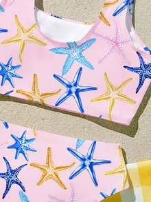 Tween Girl Casual Minimalist Starfish Print Tankini Swimsuit Set, Suitable For Summer - Multicolor - View 7