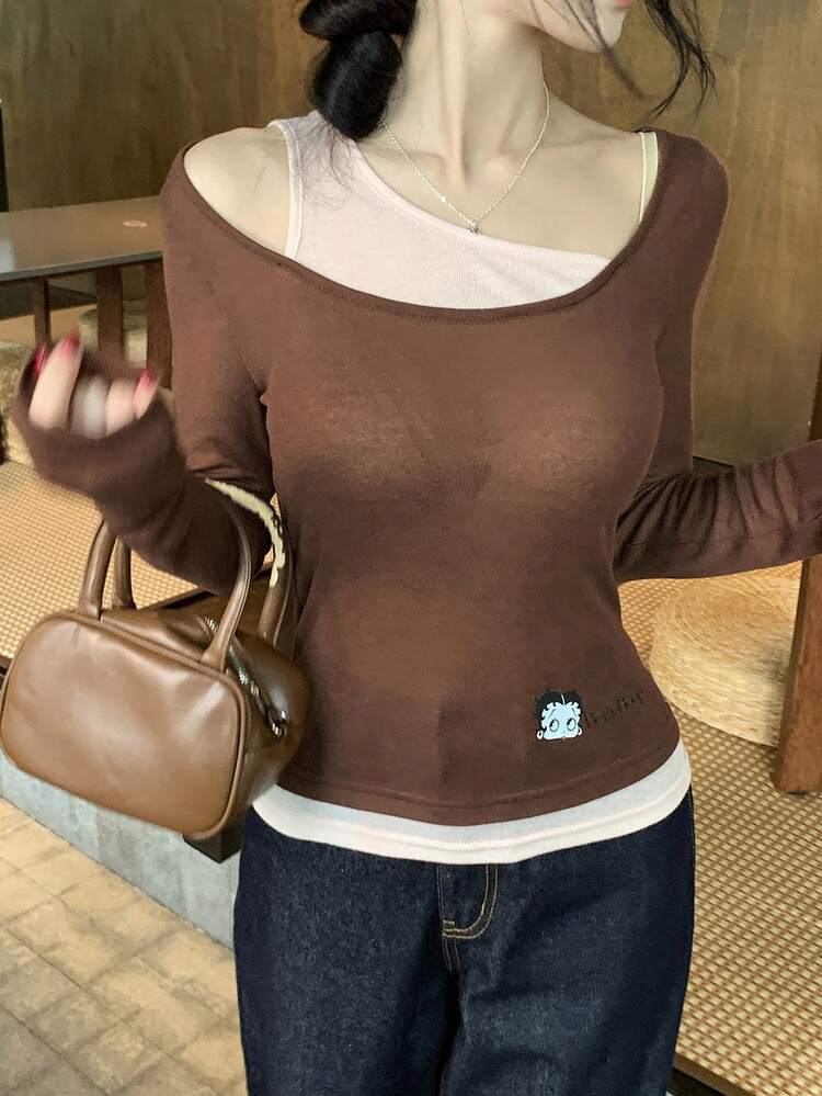 2-In-1 Long Sleeve T-Shirt, Pink Patchwork With Khaki Base, Slim Fit Layering Top