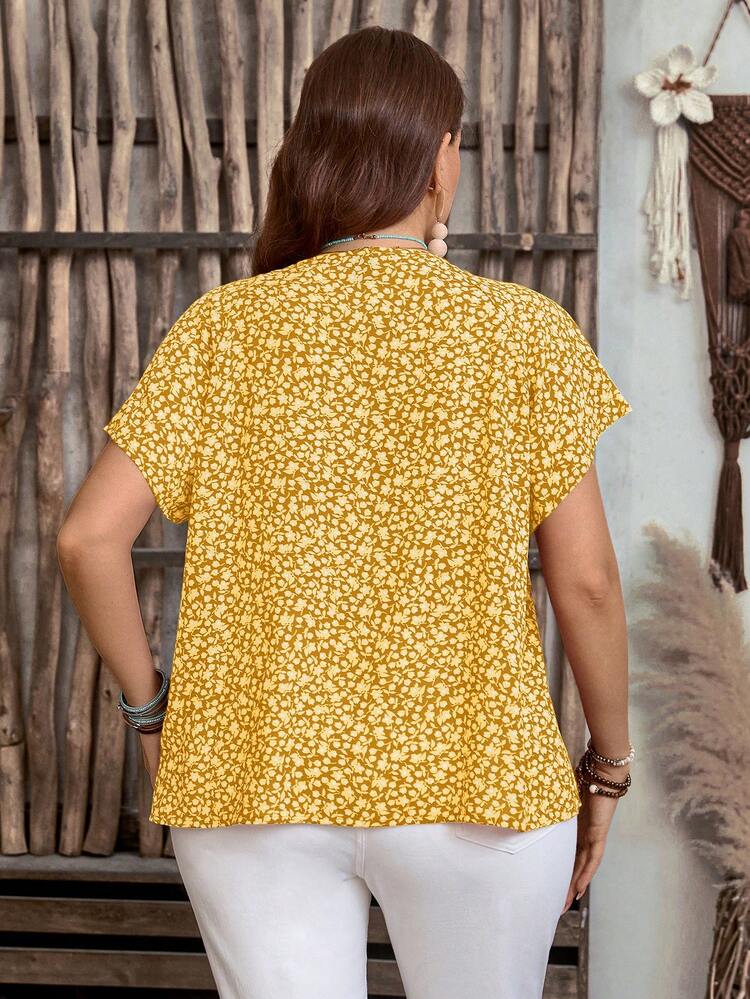 Plus Size Women All-Over Floral Print Short Sleeve Casual Shirt,Boho For Women/Summer,Vacation Outfits Woman