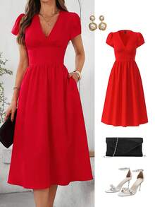 SHEIN Clasi Vestido elegante de mujer de unicolor con cuello en V, dobladillo con volantes, corte evasé hasta media pierna con bolsillos laterales - Atuendo de verano para mujer / Ropa de verano / Atuendos para conciertos / Atuendos para conciertos en el campo / Atuendos para festivales / Atuendos para Nashville / Atuendos para Ibiza / Vestido de Pascua / Atuendo de Pascua / Ropa elegante de vacaciones casual bohemia / Vestido de graduación / Vestido de graduación blanco / Vestido de fiesta / Atuendos para brunch / Vestido de boda para invitada / Ropa de iglesia para mujer / Bonitos vestidos de mujer elegantes y de clase - Rojo - Ver 9