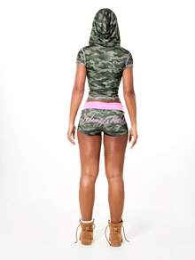 BABYPHAT Camouflage Short Sleeve Hooded Zip Up Top With Pink Text Script And Contrast Trim Details For Casual Summer Style - Army Green - View 3