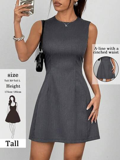 SHEIN Tall 高个女式灰色无袖A字迷你连衣裙，收腰修身A字休闲连衣裙，优雅夏季穿着，适合办公室通勤、约会、咖啡小聚和日常穿着。女士修身连衣裙，女士连衣裙，无袖连衣裙，高个女式连衣裙，A字连衣裙。