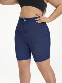 SHEIN Unity Plus Size Summer Casual Slim Fit Denim Shorts Brown - Blue - View 7