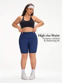 SHEIN Unity Plus Size Summer Casual Slim Fit Denim Shorts Brown - Blue - View 8