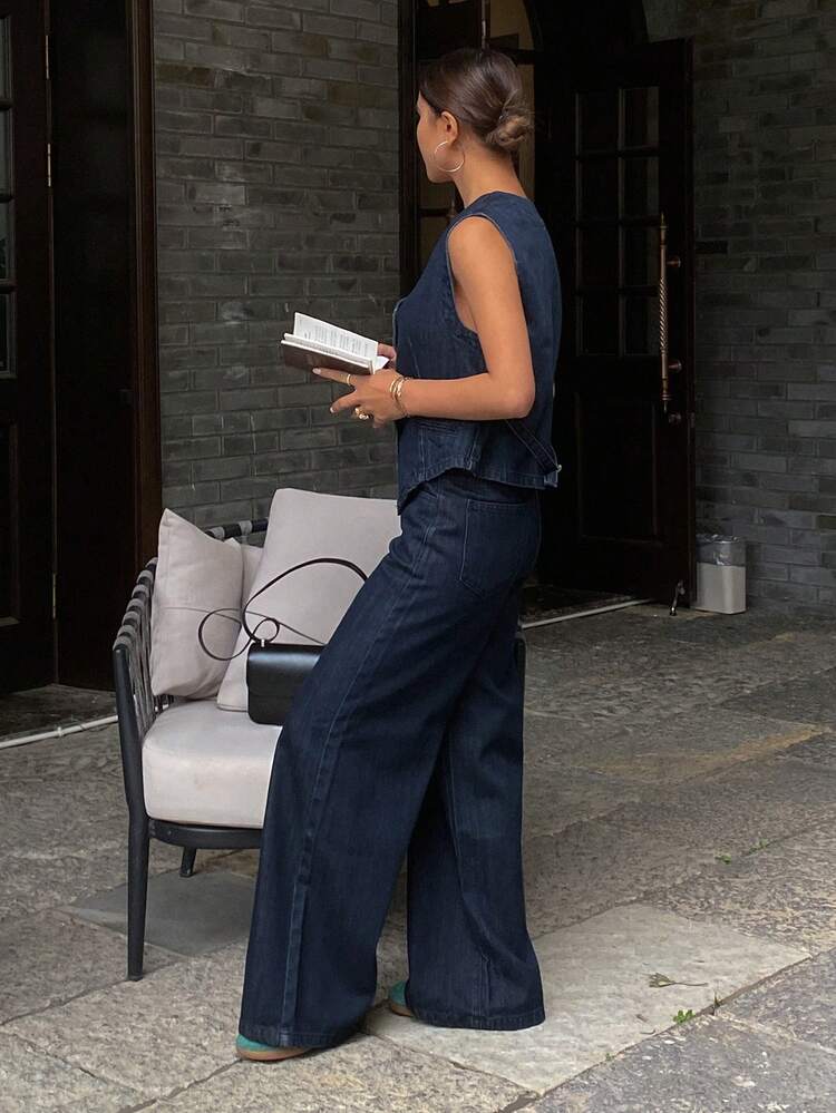 Women's Casual V-Neck Blouse And Loose Fit Jeans Two Pieces Set