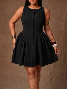 Rustia Women's Plus Size Black Elegant Mini Dress,Button Decorated Ruffle Hem Sleeveless Dress For Dinner,Summer,Work,Formal Occasions, & Fashionable - Black - View 1