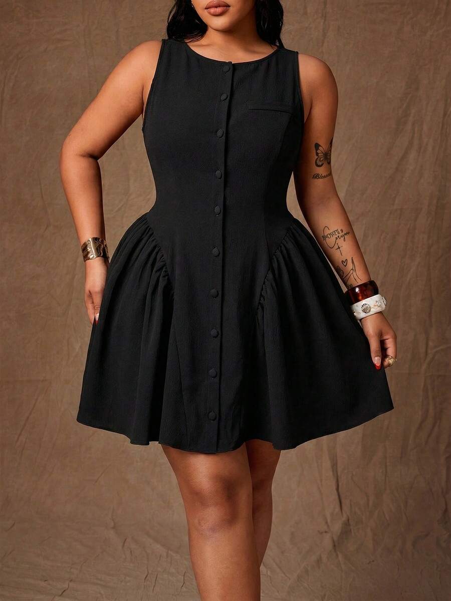Rustia Women's Plus Size Black Elegant Mini Dress,Button Decorated Ruffle Hem Sleeveless Dress For Dinner,Summer,Work,Formal Occasions, & Fashionable - Black - View 1