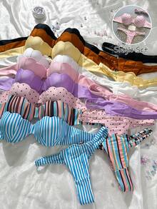 Swim Mod Petal Patchwork Hard Cup Detachable Strap Polka Dot Print Sexy Cute 2 Pieces Swimwear - Multicolor - View 4