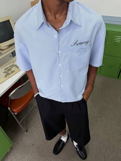 STEELVANCE Men's Casual Summer Holiday & Commute Letter Striped Print Patchwork Dropped Shoulder Loose Shirt