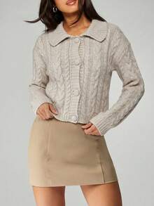 CasuGlow Elegant French Cable Knit Collared Button Up Cropped Cardigan Sweater For Cozy Chic Autumn Style Everyday Light Grey - Beige - View 3