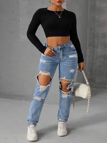 Rivivi Plus Size Women's Fashion Distressed Denim Jeans - Light Wash - View 6