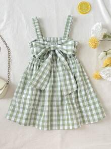 SHEIN Vestido holgado de niña bebé con patrón a cuadros elegante y lindo, con cuello de lazo, para verano - Verde - Ver 6