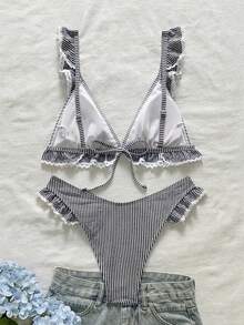 Swim Mod 2件套女童特制面料条纹荷叶边三角比基尼上衣和V领三角泳裤泳装比基尼套装，适合女性，两件套比基尼套装，扎金索斯岛度假套装，女士比基尼套装 - 黑與白 - 查看 2