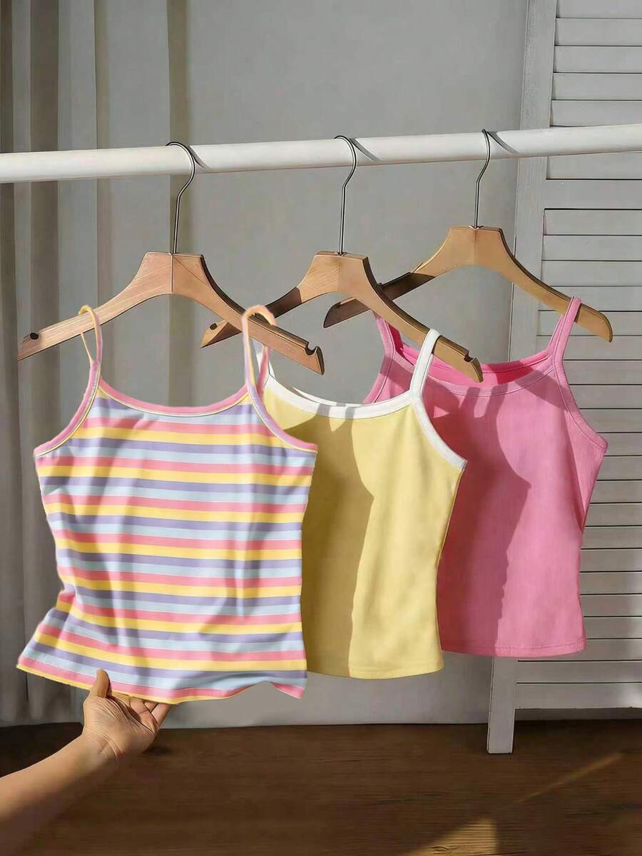 SHEIN Sparklyn 少女三件装彩色条纹和纯色吊带背心，休闲舒适，适合春夏穿着，设计适合户外、运动、摄影、度假、送礼等场合。