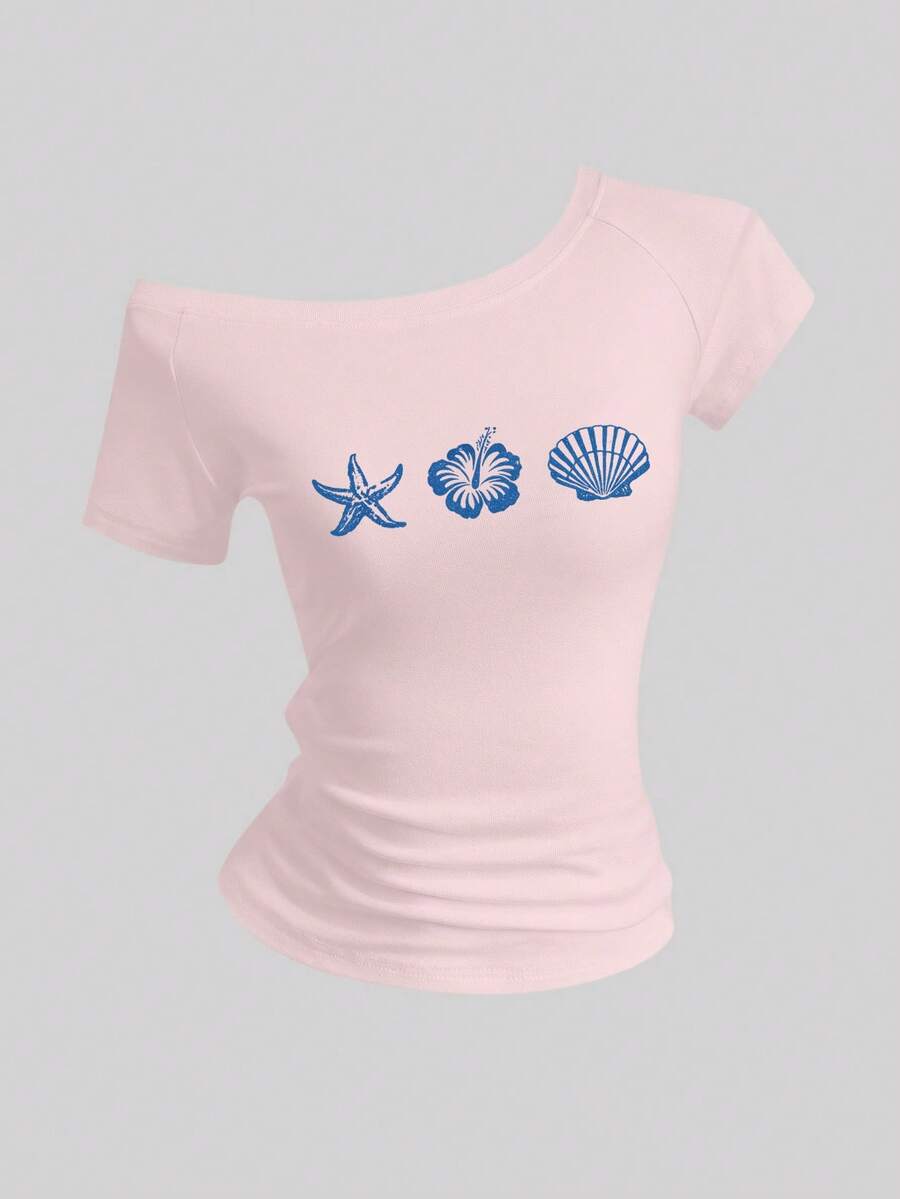 SHEIN Sweetro Women's Summer Asymmetrical Shoulder Fitted T-Shirt, Ocean Life Hibiscus Starfish Shell Beach Basic Off Shoulder Top - Pink - View 1