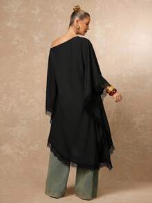 Lumalex Women's Casual Asymmetrical Collar Contrast Lace Loose Blouse, Spring/Autumn - Black - View 2