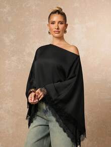 Lumalex Women's Casual Asymmetrical Collar Contrast Lace Loose Blouse, Spring/Autumn - Black - View 6