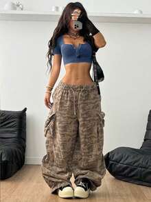 SHEIN Coolane Áo thun nữ dáng ngắn tay, chất liệu cotton dệt kim kiểu grunge, phong cách thể thao, mùa xuân/hè, đã qua xử lý giặt, cài nút. - Xanh đậm - Xem 2