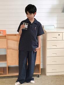 DAZY 格子休闲裤，宽松睡裤，大童直筒格纹裤，家居服 - 藍色 - 查看 7