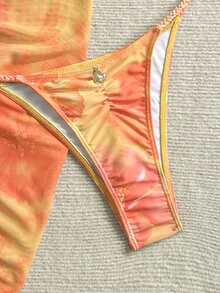 Soleia 女士夏季沙滩印花露背系带性感比基尼三件套，含罩衫和裙子 - 彩色 - 查看 6