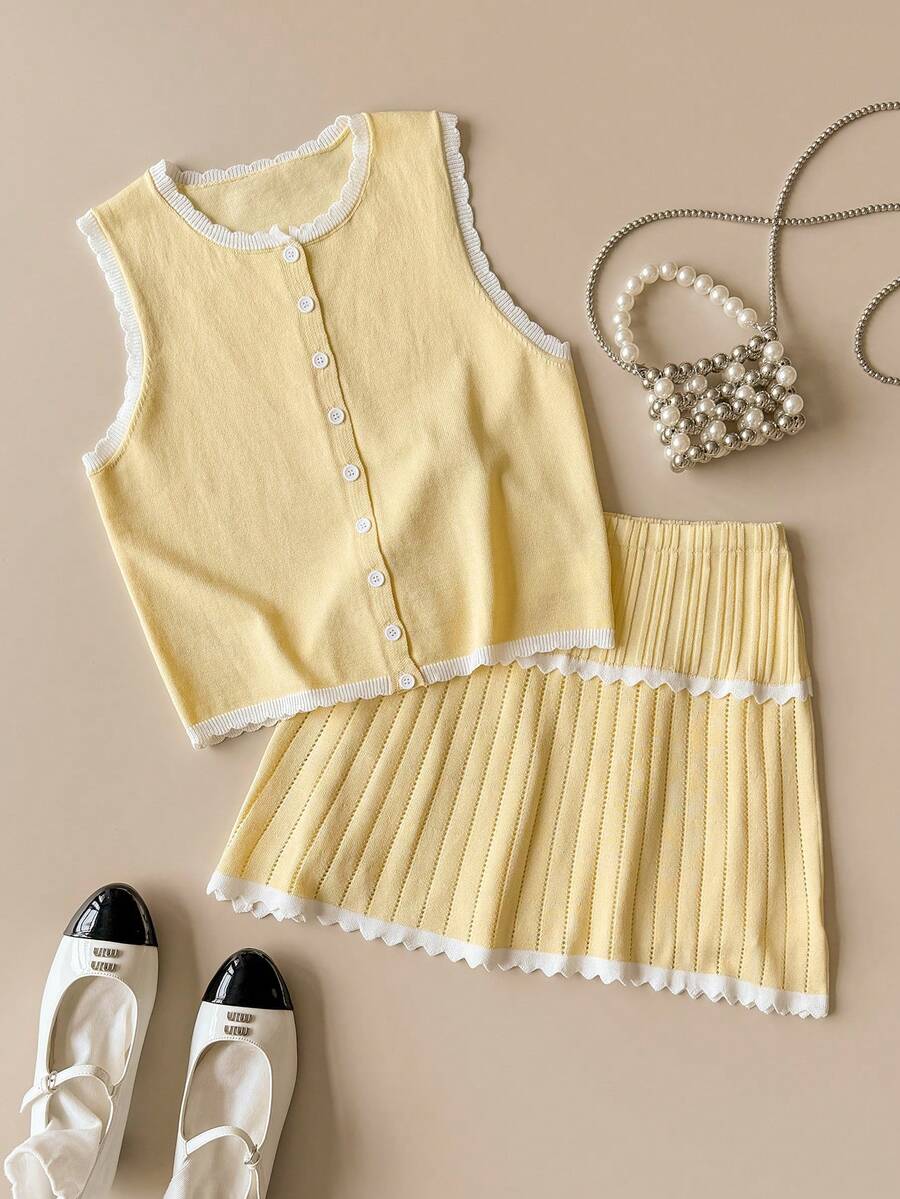 Muvela Áo vest dệt kim cài cúc phía trước, phối viền tương phản, phong cách thường ngày mùa hè dành cho nữ - Màu vàng - Xem 1