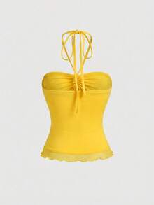 ROMWE Kawaii Women's Y2K Ruched Tight Halter Neck Camisole For Summer - Yellow - View 2