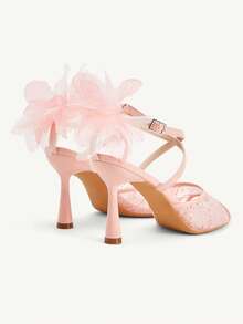 CUCCOO CHICEST Women Shoes Autumn New Mesh Yarn With Bow Stiletto Heels Round Toe Embroidered Sandals - Pink - View 10