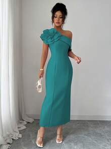 Modelyn Women's Oblique Shoulder Floral Decor Elegant Party Dress - Aqua Green - View 4