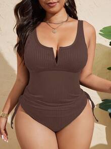 Swim Lushoire 大码女式纯色纹理面料露背休闲泳装 - 咖啡棕 - 查看 6