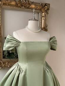 Lovelzi Vestido de satén verde malaquita con hombros descubiertos y vuelo, de estilo vintage romántico y lindo para ocasiones formales, talla grande - verde menta - Ver 5