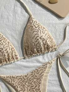SHEIN Swim 两件式泳衣，纯色亮片纹理挂脖文胸上衣和侧系带泳裤性感比基尼套装，春夏海滩度假亮片泳衣两件套亮片比基尼度假套装女士比基尼套装Zestiva泳装斑马纹比基尼闪亮比基尼两件式泳衣Zante假日套装亮片泳衣 - 杏色 - 查看 5
