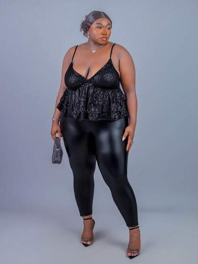 CurvyTilda 大码女式纯色亮片荷叶边优雅时尚吊带衫