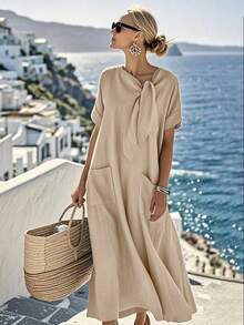 SHEIN Holidaya Đầm nữ tay ngắn dáng suông, rộng rãi, thích hợp cho các dịp như nghỉ mát, đi biển, dã ngoại, cắm trại, hoạt động ngoài trời và đi làm hàng ngày. - Màu be - Xem 1