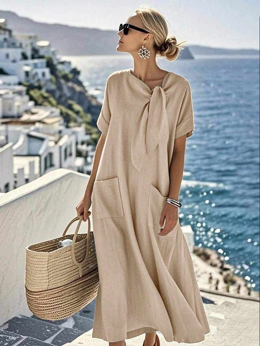 SHEIN Holidaya Đầm nữ tay ngắn dáng suông, rộng rãi, thích hợp cho các dịp như nghỉ mát, đi biển, dã ngoại, cắm trại, hoạt động ngoài trời và đi làm hàng ngày. - Màu be - Xem 1