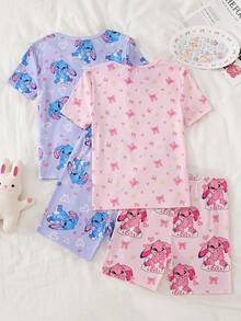 4件套女童可爱优雅休闲舒适柔软针织弹力面料兔子、爱心、蝴蝶结印花圆领短袖上衣和短裤睡衣套装 - 彩色 - 查看 2