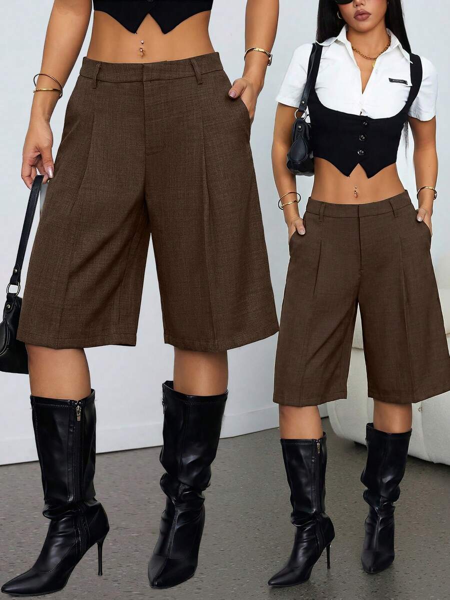 SHEIN PETITE Spring Minimalist Commuter Grey Bermuda Shorts For Women - Brown - View 1