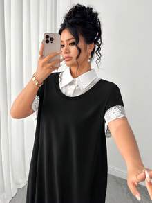 SHEIN Clasi 大码夏季休闲通勤撞色蕾丝连衣裙 - 黑色 - 查看 7