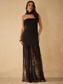 Silquee Elegant Black Summer Fitted Dress With Lace-Trimmed Tie And Flowing Lace Hem For Wedding Guest,Graduation,Resort Gown,Party And Night Out Wear - Black - View 3