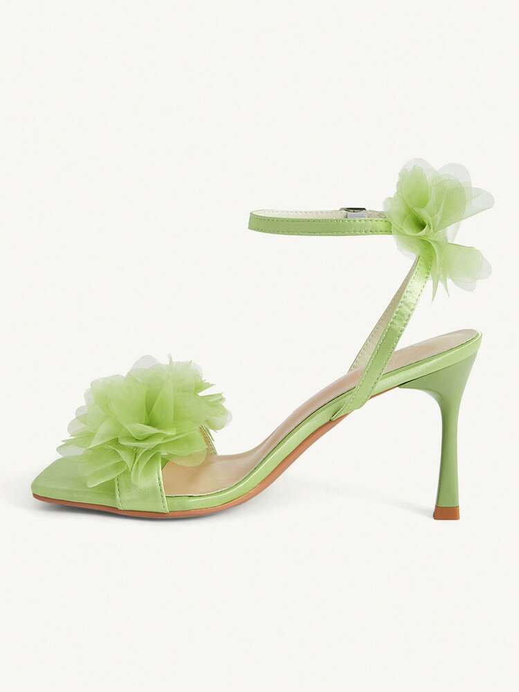 CUCCOO CHICEST Women Shoes Green Flower Decoration Square Heel High Heel Sandals Sexy Dating Wedding Vacation Party