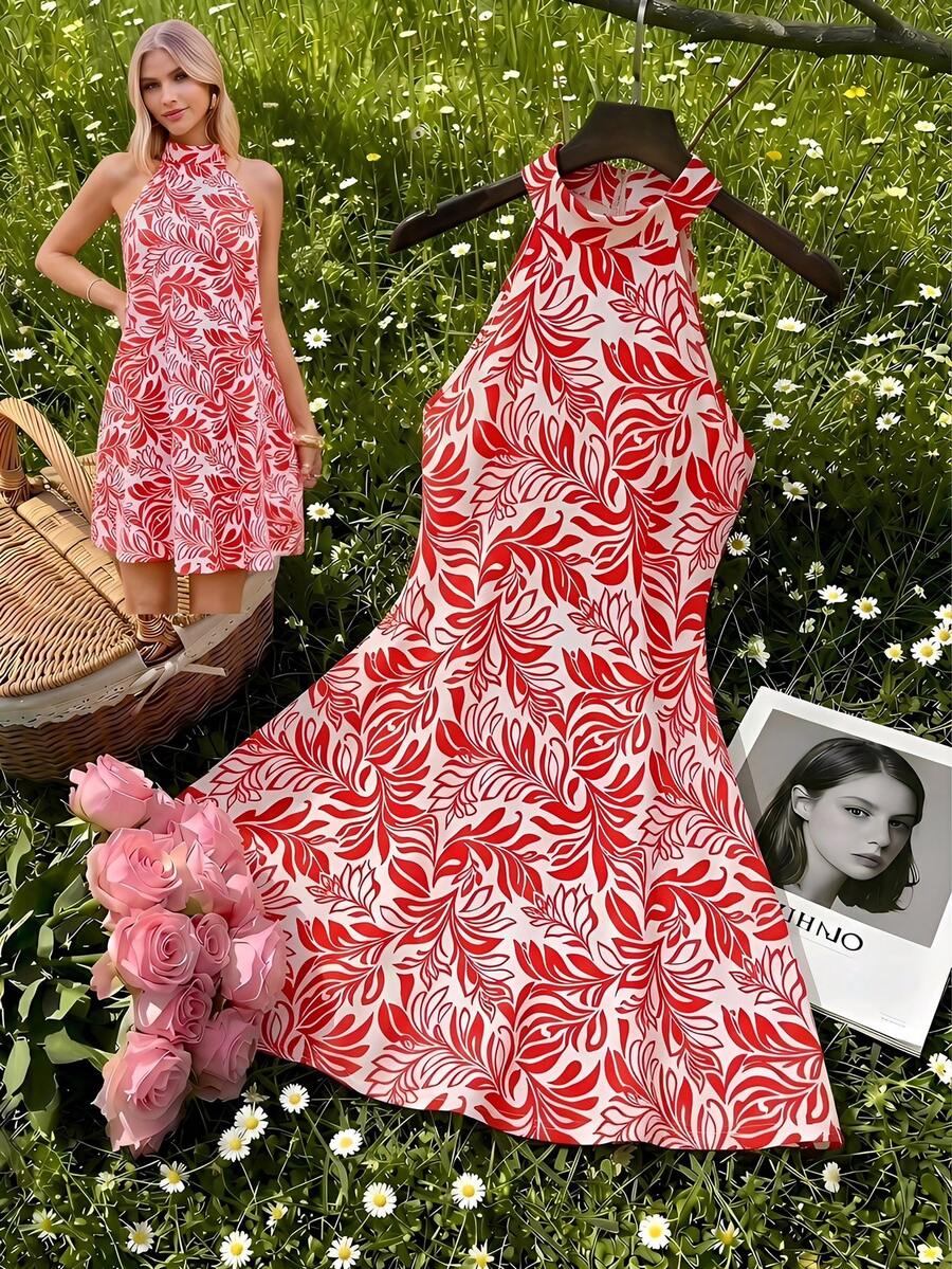KARISMINA Women's Casual Elegant Romantic Vacation Floral Print Beach/Commute Red Mini Dress, Spring/Summer,Summer Dresses For Women Halter Neck Dress Red And White Floral Dress Casual Dresses For Women Summer Resort Dresses For Women Aloha Dress For Women Picnic Dresses For Women Vacation Outfits Women Dresses Brunch Dresses For Women - Red and White - View 1