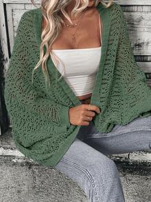 SHEIN LUNE Áo khoác cardigan dệt kim khoét lỗ, dáng rộng, không cài cúc phía trước, tay cánh dơi, phong cách thường ngày. - màu xanh lá - Xem 5