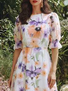 EMERY ROSE Vestido holgado con estampado francés, puños elásticos y cintura drapeada fluida para mujeres. Vestido floral vintage elegante para mujer, vestido de flores de primavera, vestido de verano para mujer. - Multicolor - Ver 3