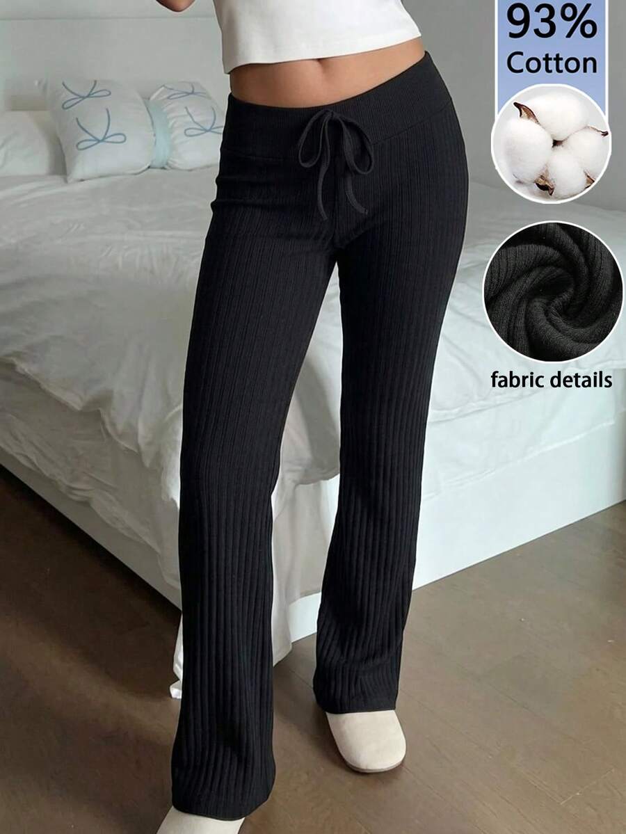 SHEIN EZwear 女士93%棉黑色罗纹高弹修身低腰条纹抽绳瑜伽长裤 - 舒适居家运动服,适合外出穿着,可爱柔美风、清纯风、Y2K复古风、Z世代风,适合返校、运动、夏季骑行和瑜伽,四季皆宜 - 彩色 - 查看 1