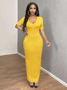 SHEIN SXY 女士纯色V领修身短袖连衣裙 Hoco连衣裙 - 黃色 - 查看 6