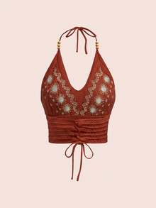 ROMWE Hippie Spring /Summer Plus Size Summer Vacation Sun Embroidery Halter Knit Top - Orange - View 2