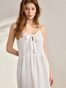 Ocili Đầm ngủ nữ hai lớp bằng vải cotton mỏng, có bèo nhún, dây mảnh, kiểu dáng tối giản, mềm mại, thích hợp mặc ở nhà. - trắng - Xem 4